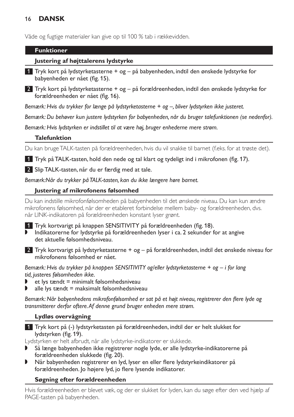 Funktioner, Justering af højttalerens lydstyrke, Talefunktion | Justering af mikrofonens følsomhed, Lydløs overvågning, Søgning efter forældreenheden | Philips SCD496 User Manual | Page 16 / 108