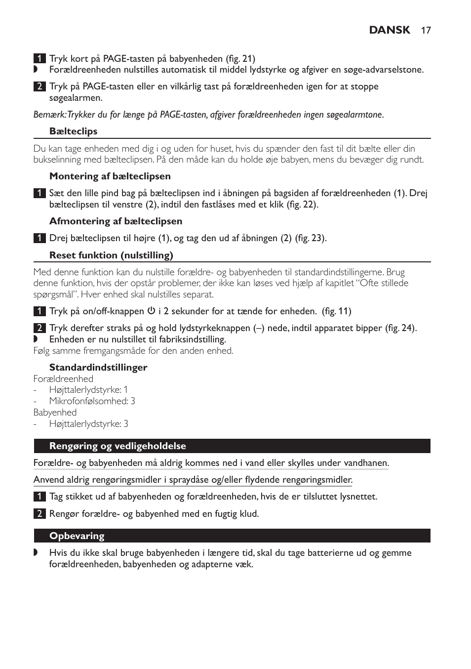 Bælteclips, Montering af bælteclipsen, Afmontering af bælteclipsen | Reset funktion (nulstilling), Standardindstillinger, Rengøring og vedligeholdelse, Opbevaring, Miljøhensyn | Philips SCD496 User Manual | Page 17 / 108