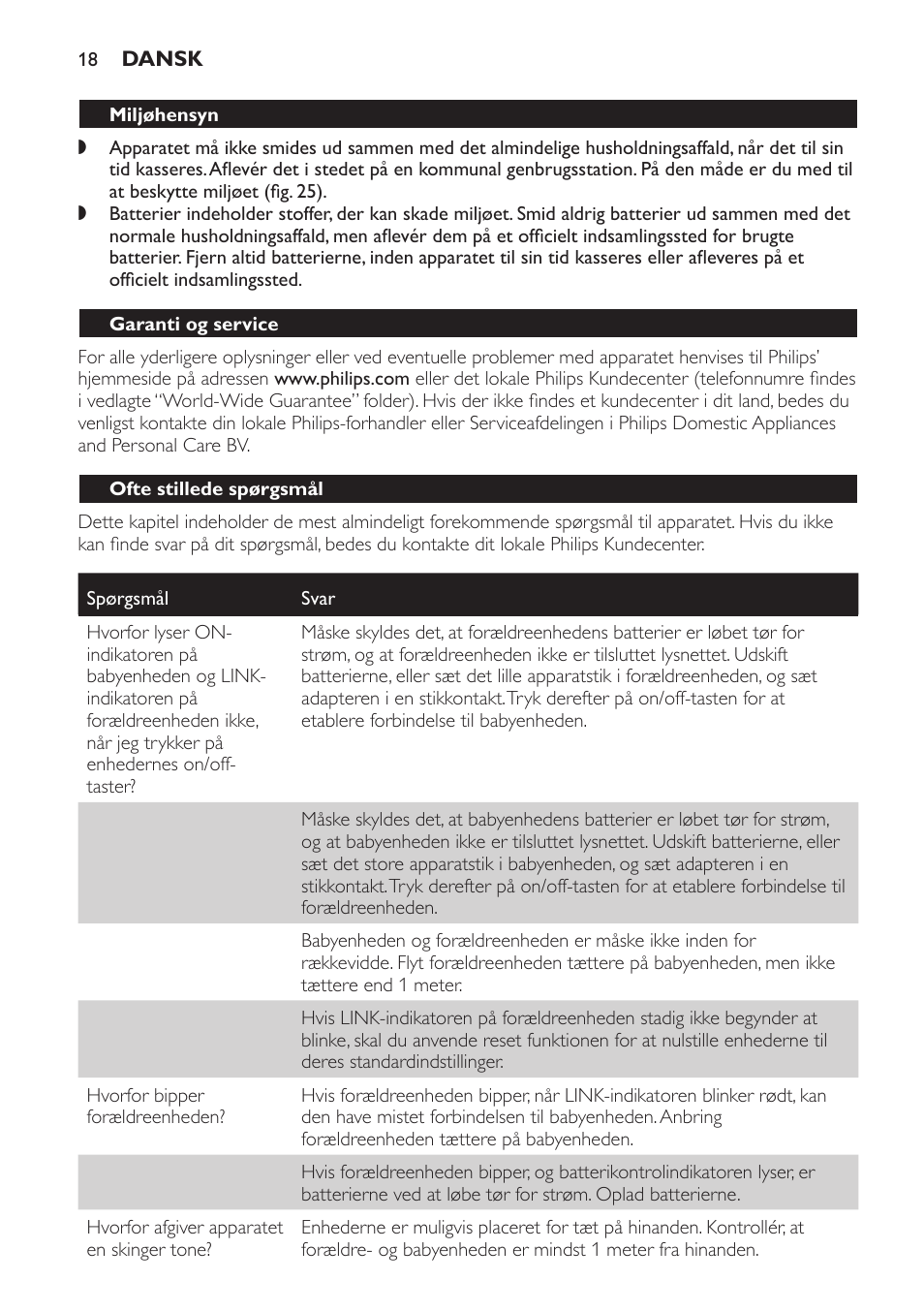 Garanti og service, Ofte stillede spørgsmål | Philips SCD496 User Manual | Page 18 / 108