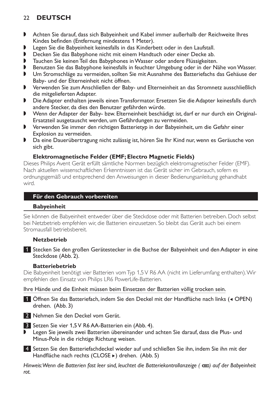 Für den gebrauch vorbereiten, Babyeinheit, Netzbetrieb | Batteriebetrieb | Philips SCD496 User Manual | Page 22 / 108