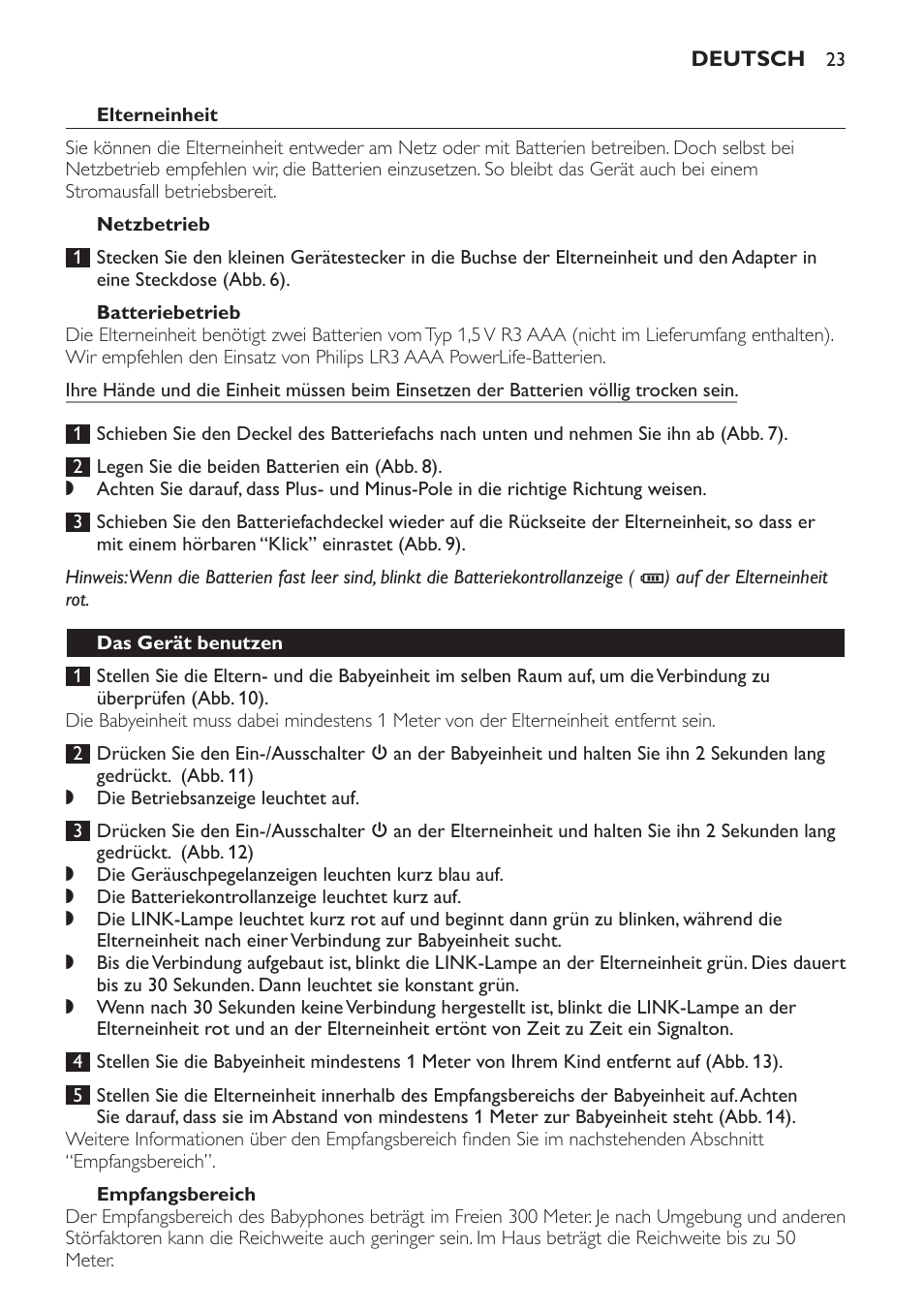 Elterneinheit, Netzbetrieb, Batteriebetrieb | Empfangsbereich, Das gerät benutzen | Philips SCD496 User Manual | Page 23 / 108