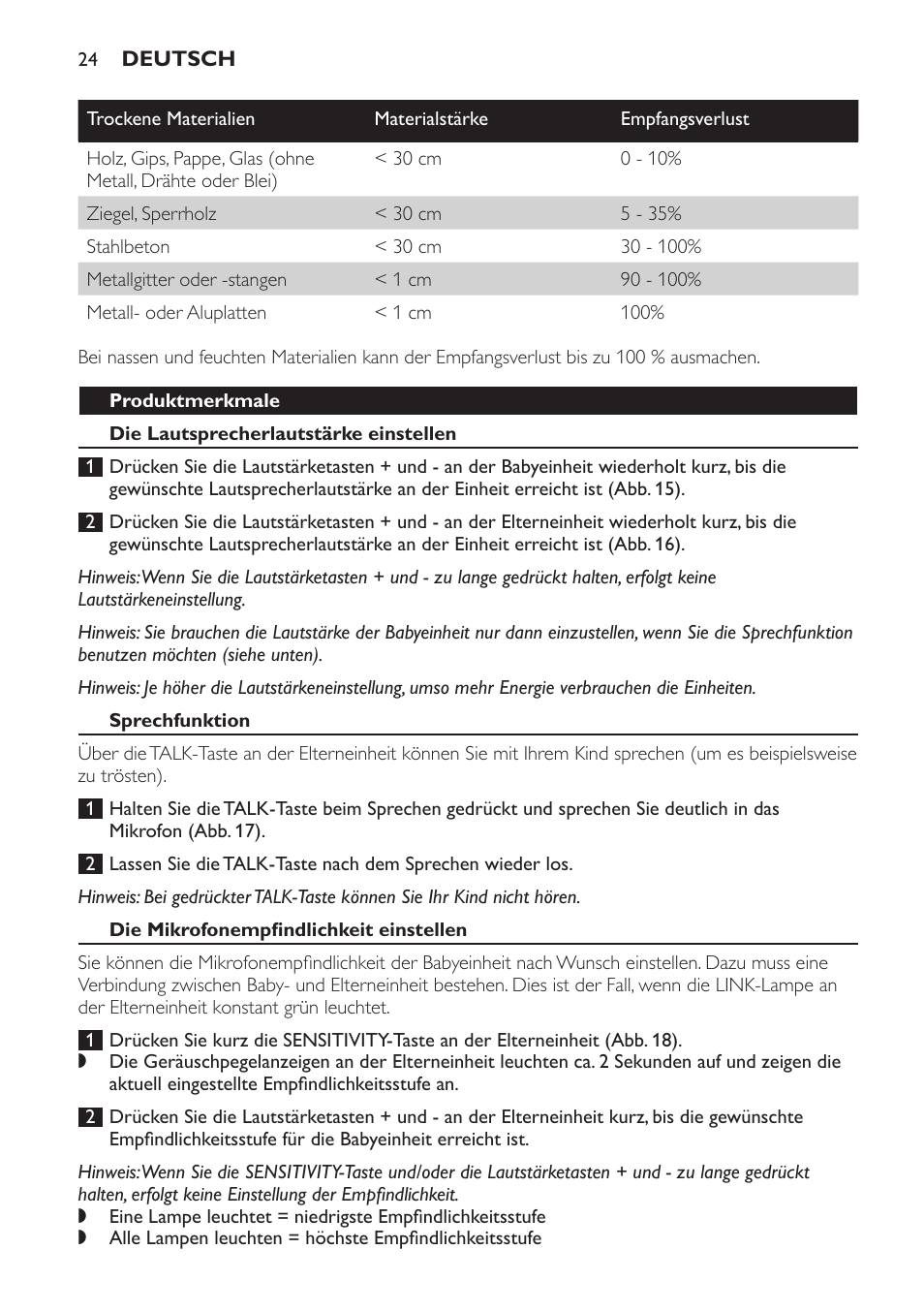 Produktmerkmale, Die lautsprecherlautstärke einstellen, Sprechfunktion | Die mikrofonempfindlichkeit einstellen | Philips SCD496 User Manual | Page 24 / 108