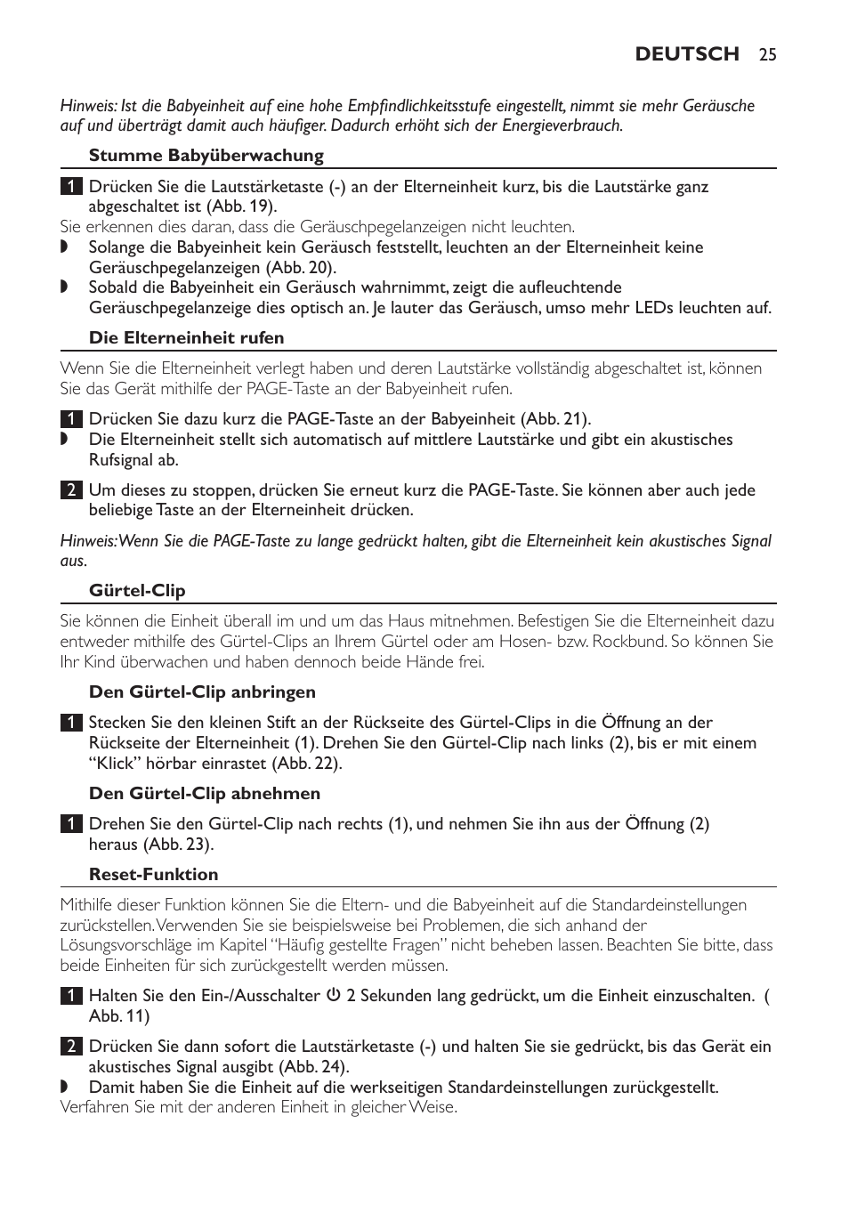 Stumme babyüberwachung, Die elterneinheit rufen, Gürtel-clip | Den gürtel-clip anbringen, Den gürtel-clip abnehmen, Reset-funktion, Standardeinstellungen | Philips SCD496 User Manual | Page 25 / 108