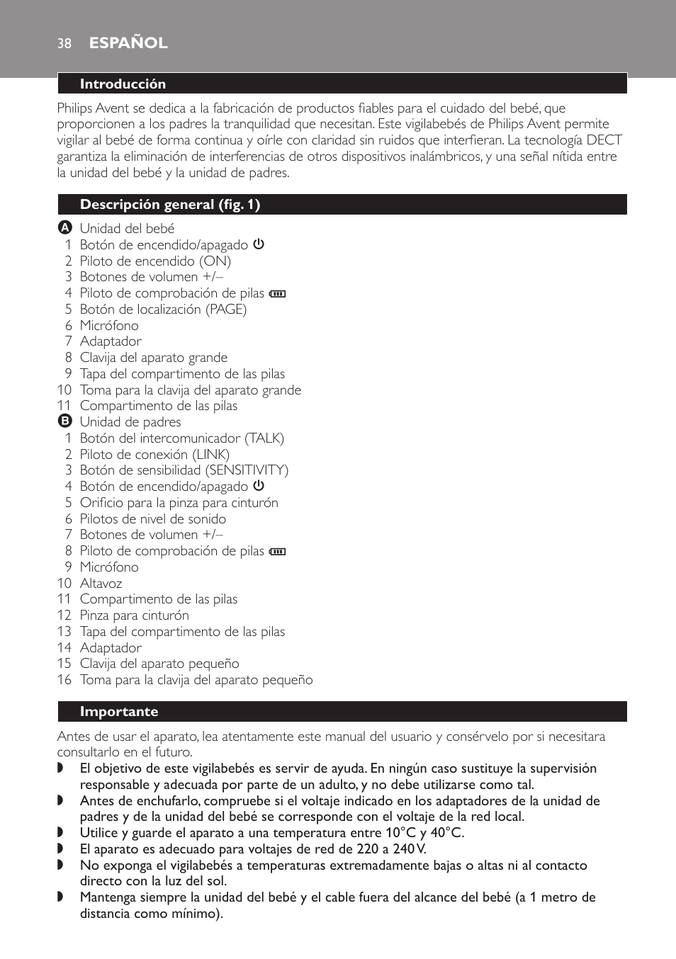 Español, Introducción, Descripción general (fig. 1) | Importante | Philips SCD496 User Manual | Page 38 / 108