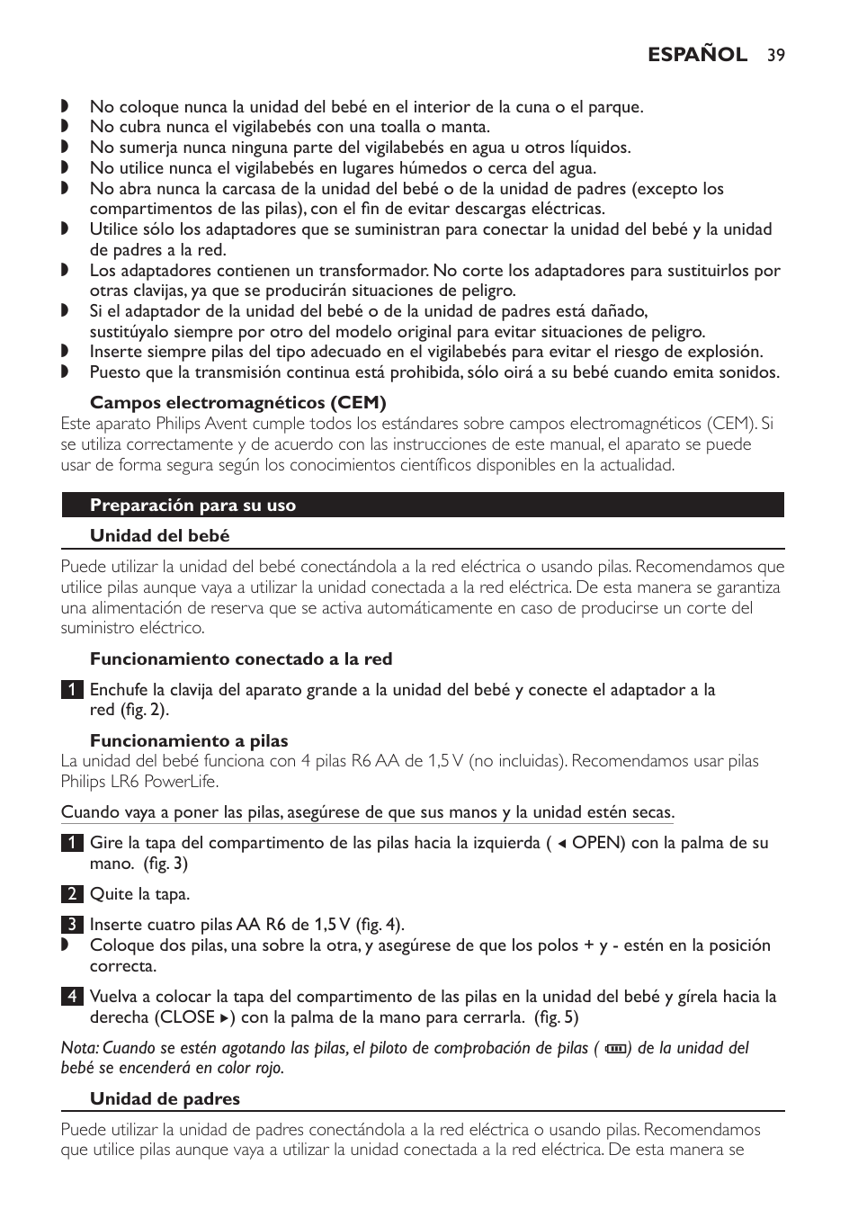 Campos electromagnéticos (cem), Preparación para su uso, Unidad del bebé | Funcionamiento conectado a la red, Funcionamiento a pilas, Unidad de padres | Philips SCD496 User Manual | Page 39 / 108