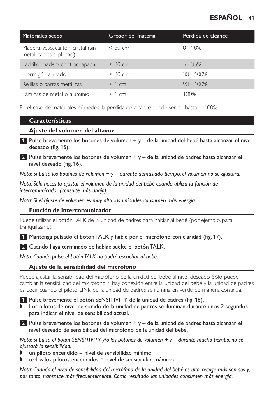 Características, Ajuste del volumen del altavoz, Función de intercomunicador | Ajuste de la sensibilidad del micrófono | Philips SCD496 User Manual | Page 41 / 108