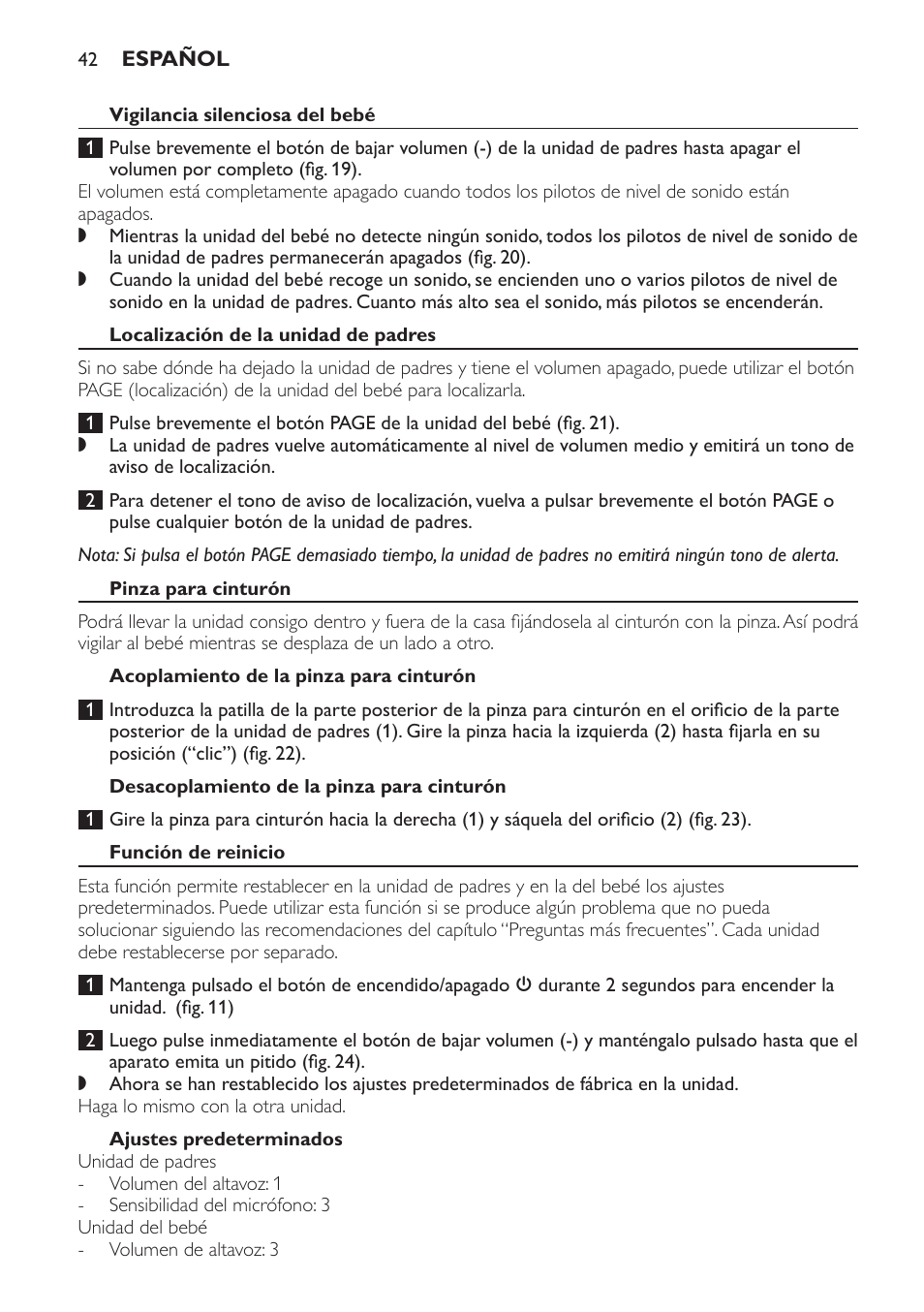Vigilancia silenciosa del bebé, Localización de la unidad de padres, Pinza para cinturón | Acoplamiento de la pinza para cinturón, Desacoplamiento de la pinza para cinturón, Función de reinicio, Ajustes predeterminados | Philips SCD496 User Manual | Page 42 / 108