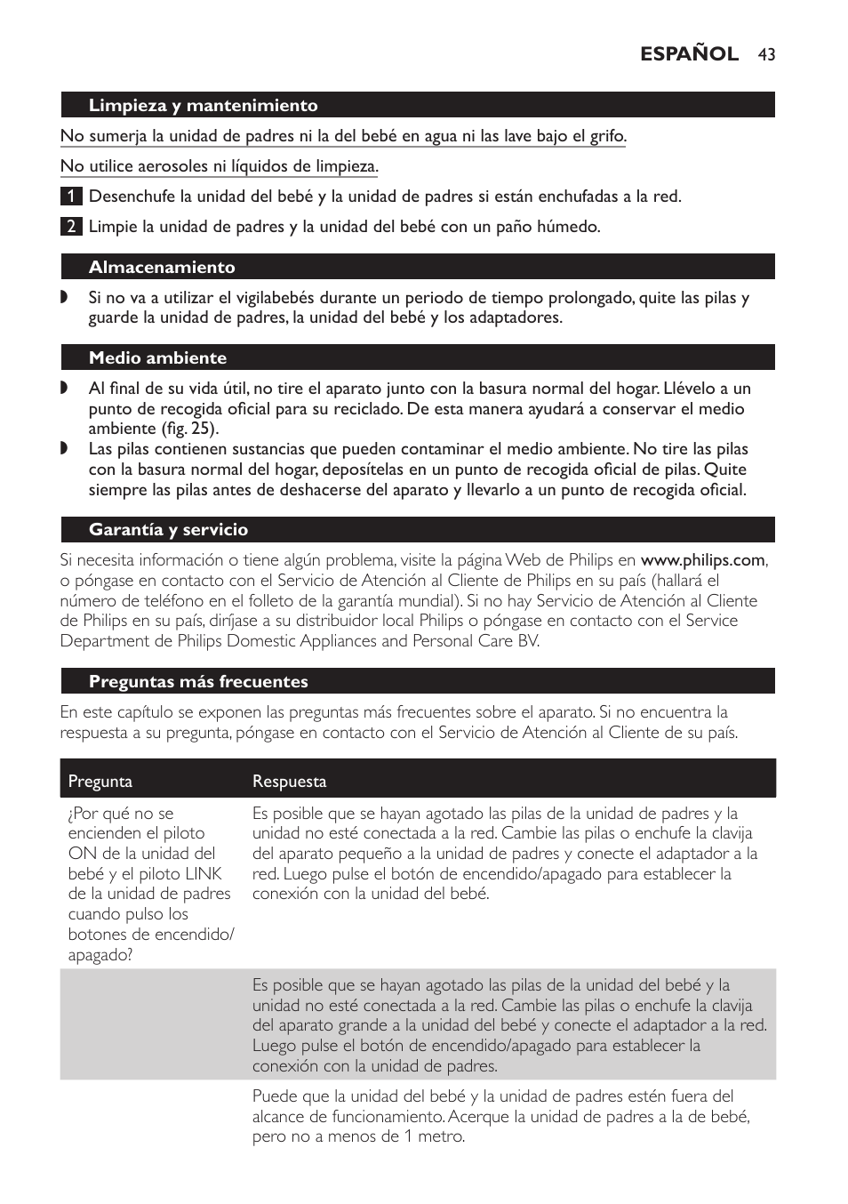 Limpieza y mantenimiento, Almacenamiento, Medio ambiente | Garantía y servicio, Preguntas más frecuentes | Philips SCD496 User Manual | Page 43 / 108