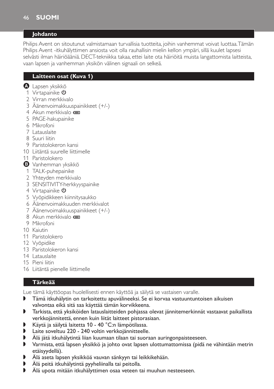 Suomi, Johdanto, Laitteen osat (kuva 1) | Tärkeää | Philips SCD496 User Manual | Page 46 / 108