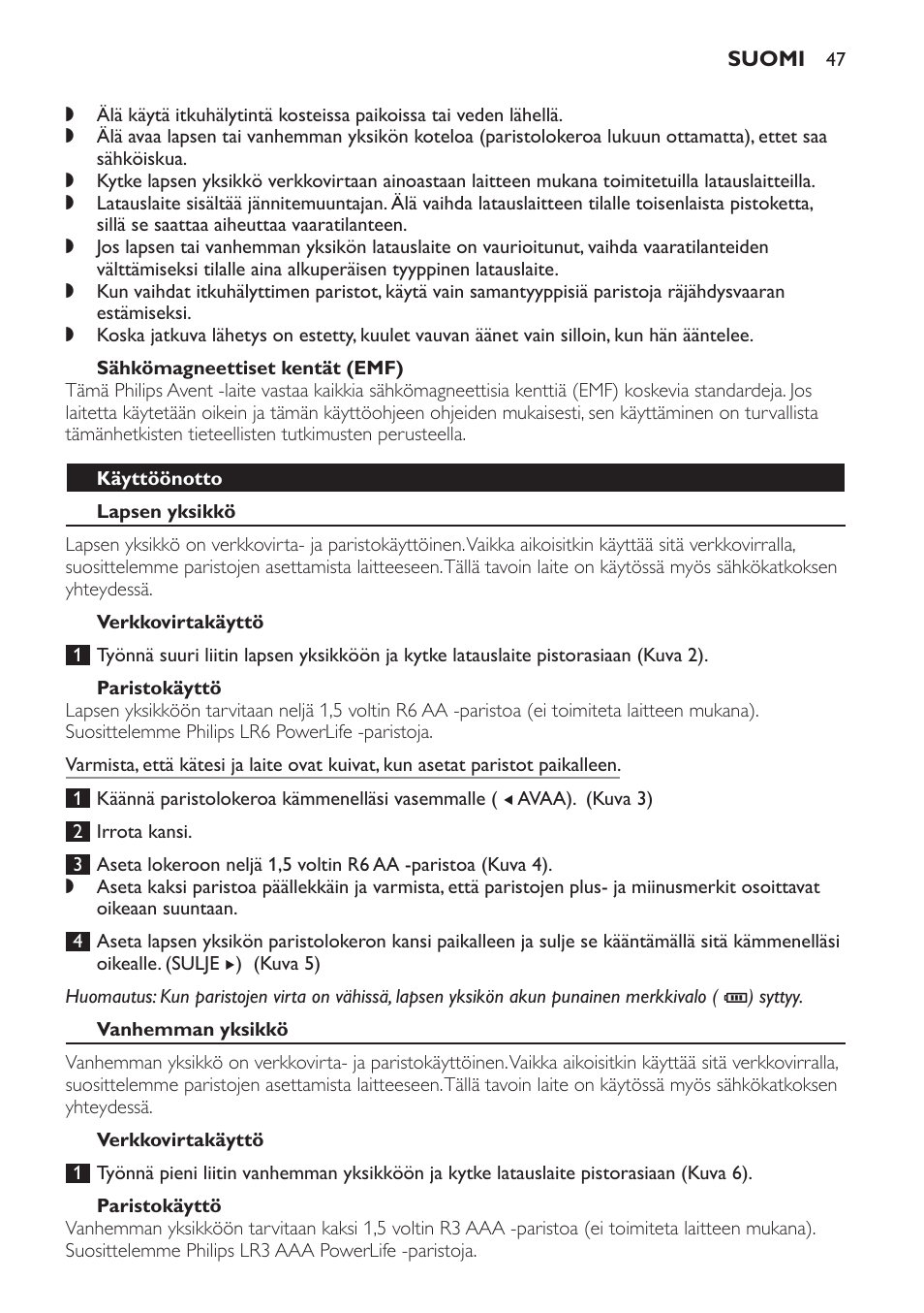 Sähkömagneettiset kentät (emf), Käyttöönotto, Lapsen yksikkö | Verkkovirtakäyttö, Paristokäyttö, Vanhemman yksikkö | Philips SCD496 User Manual | Page 47 / 108