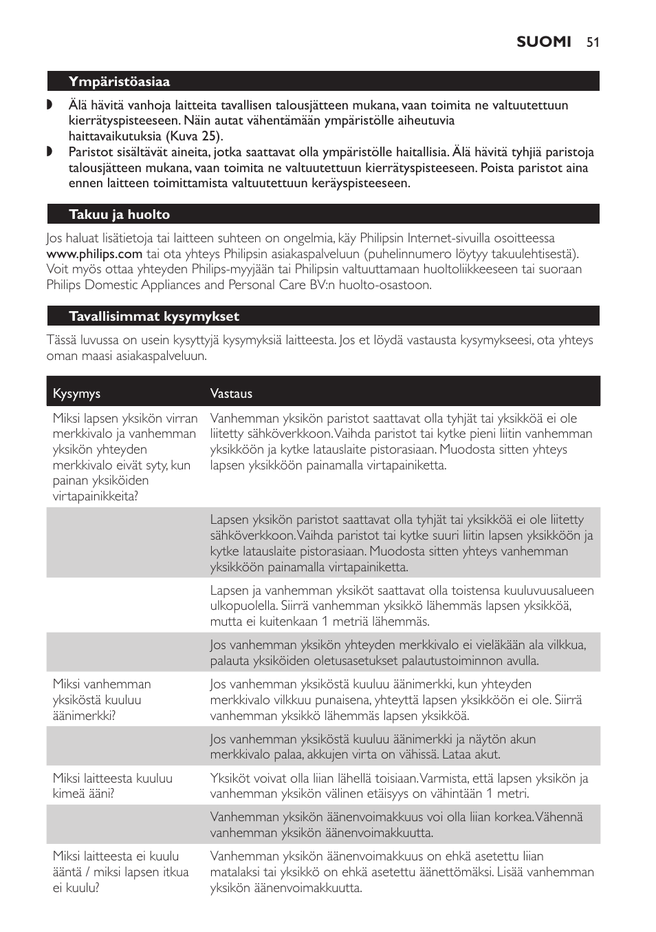 Ympäristöasiaa, Takuu ja huolto, Tavallisimmat kysymykset | Philips SCD496 User Manual | Page 51 / 108