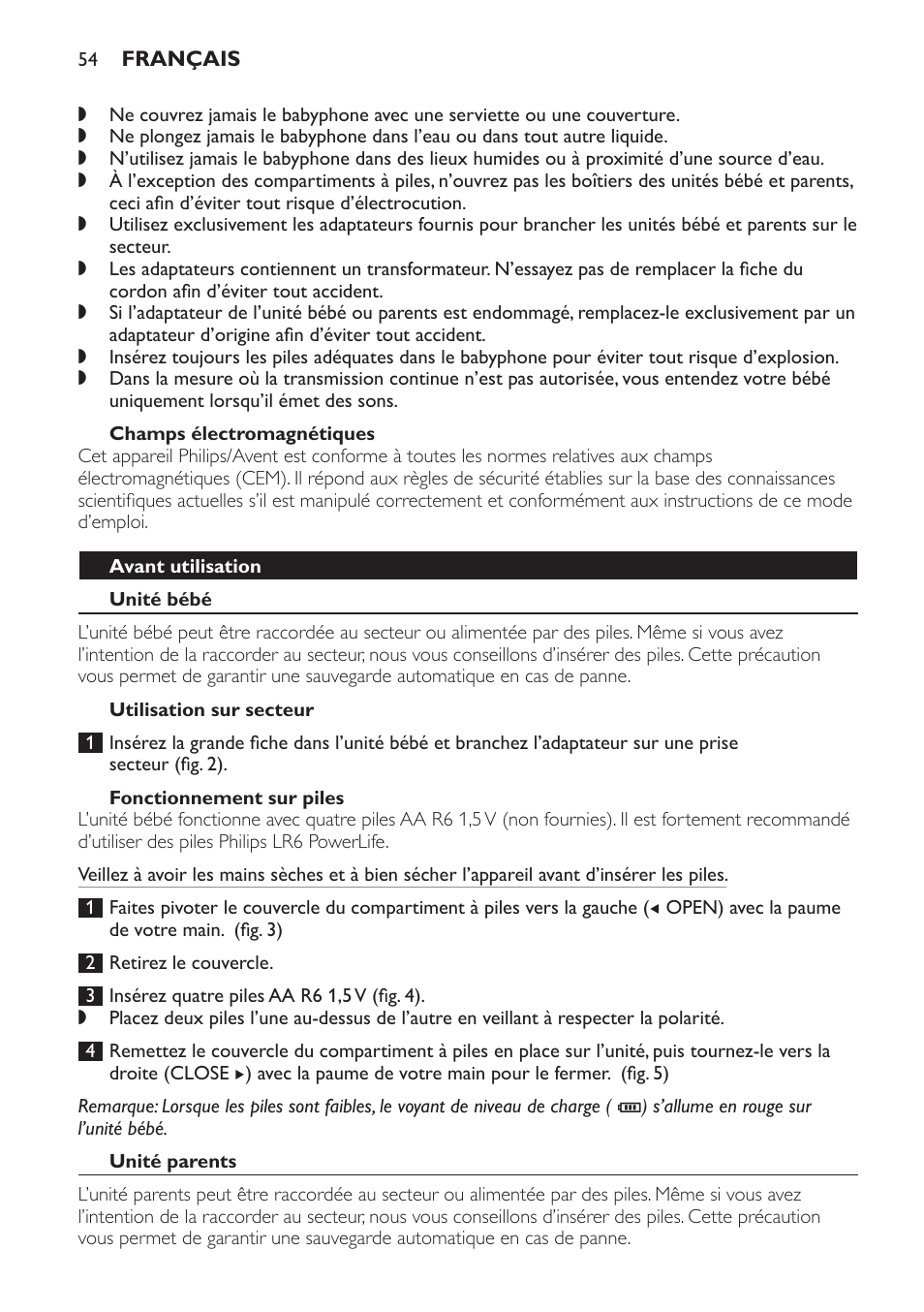 Champs électromagnétiques, Avant utilisation, Unité bébé | Utilisation sur secteur, Fonctionnement sur piles, Unité parents | Philips SCD496 User Manual | Page 54 / 108