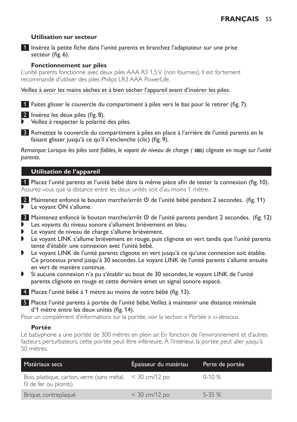 Utilisation sur secteur, Fonctionnement sur piles, Portée | Utilisation de l’appareil | Philips SCD496 User Manual | Page 55 / 108