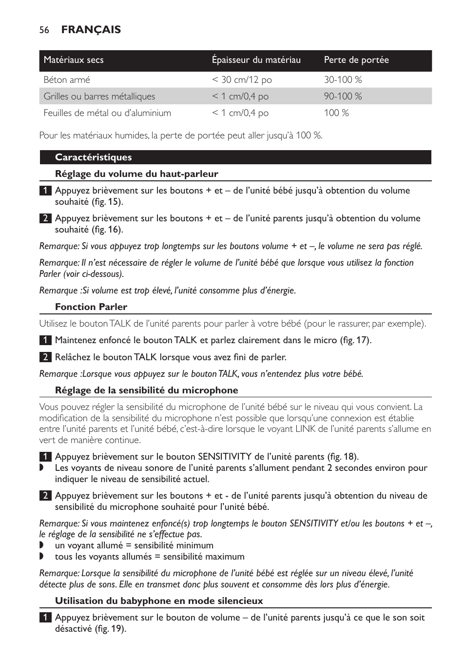Caractéristiques, Réglage du volume du haut-parleur, Fonction parler | Réglage de la sensibilité du microphone, Utilisation du babyphone en mode silencieux | Philips SCD496 User Manual | Page 56 / 108