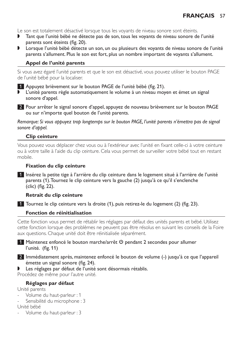 Appel de l’unité parents, Clip ceinture, Fixation du clip ceinture | Retrait du clip ceinture, Fonction de réinitialisation, Réglages par défaut | Philips SCD496 User Manual | Page 57 / 108