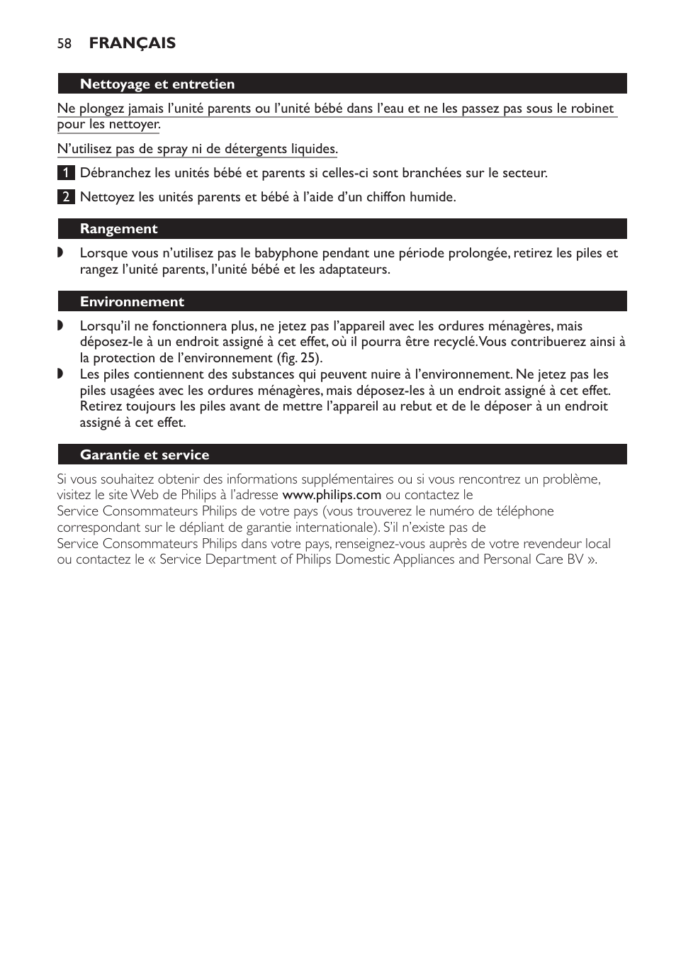 Nettoyage et entretien, Rangement, Environnement | Garantie et service, Foire aux questions | Philips SCD496 User Manual | Page 58 / 108