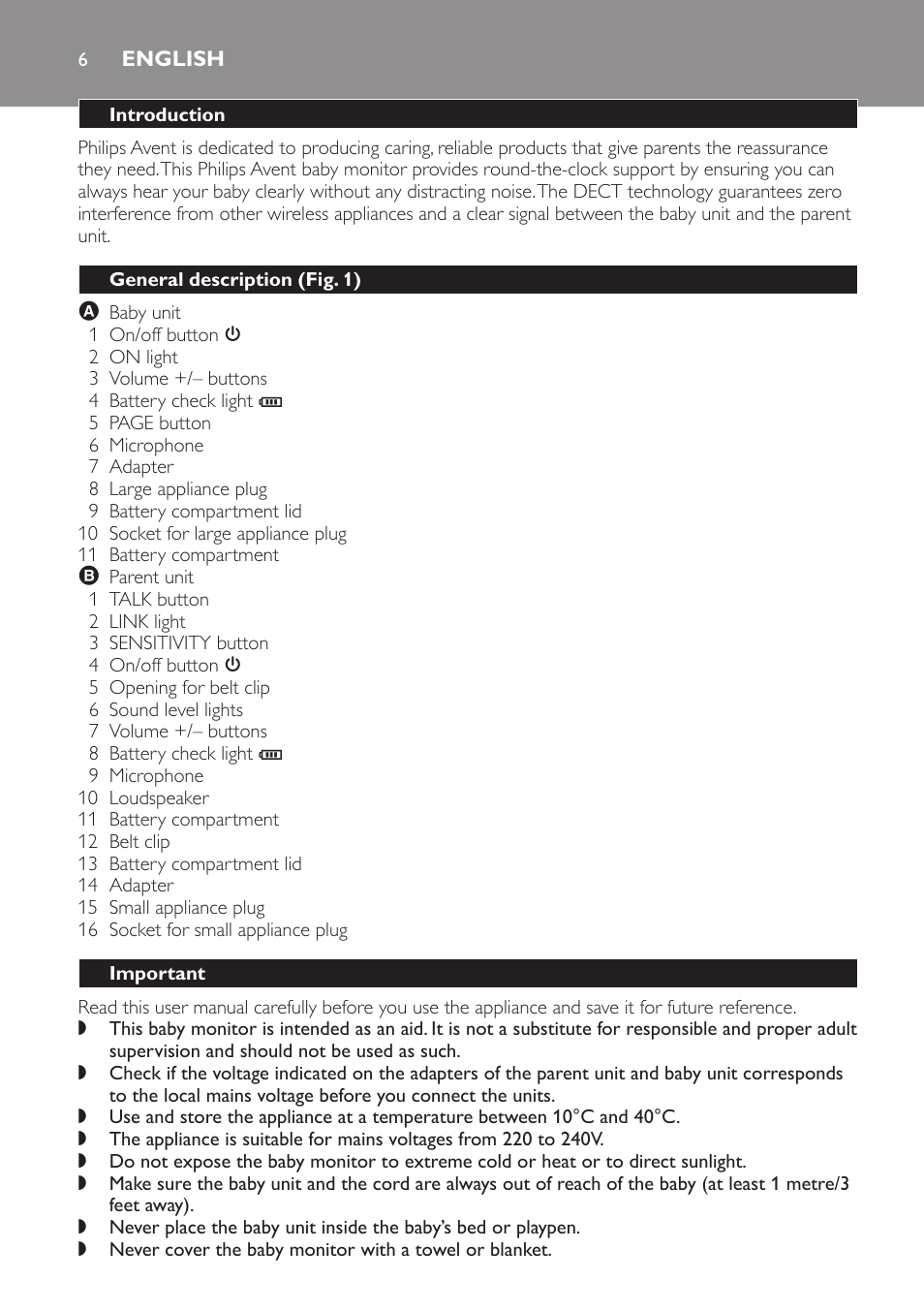 English, Introduction, General description (fig. 1) | Important | Philips SCD496 User Manual | Page 6 / 108