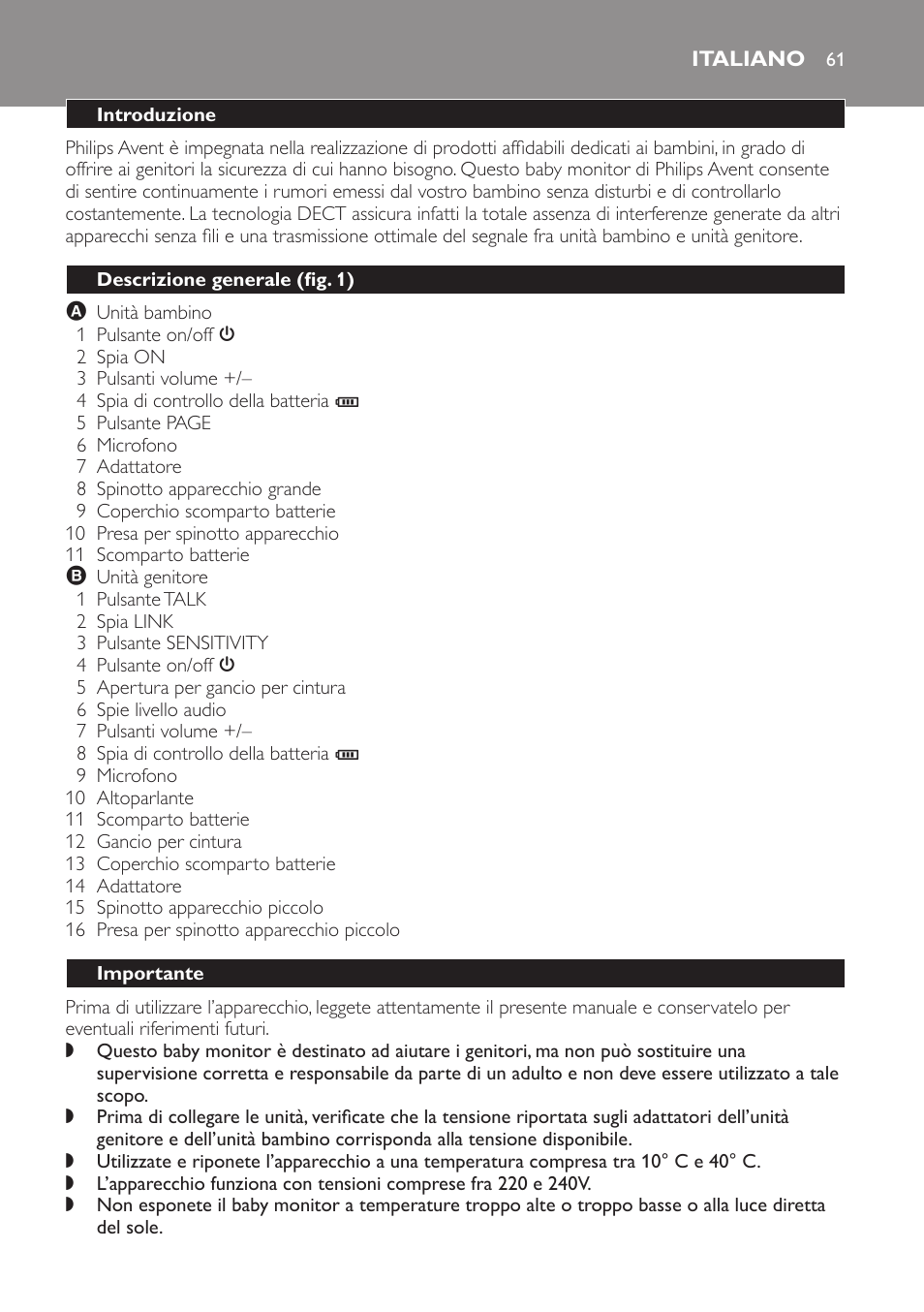 Italiano, Introduzione, Descrizione generale (fig. 1) | Importante | Philips SCD496 User Manual | Page 61 / 108