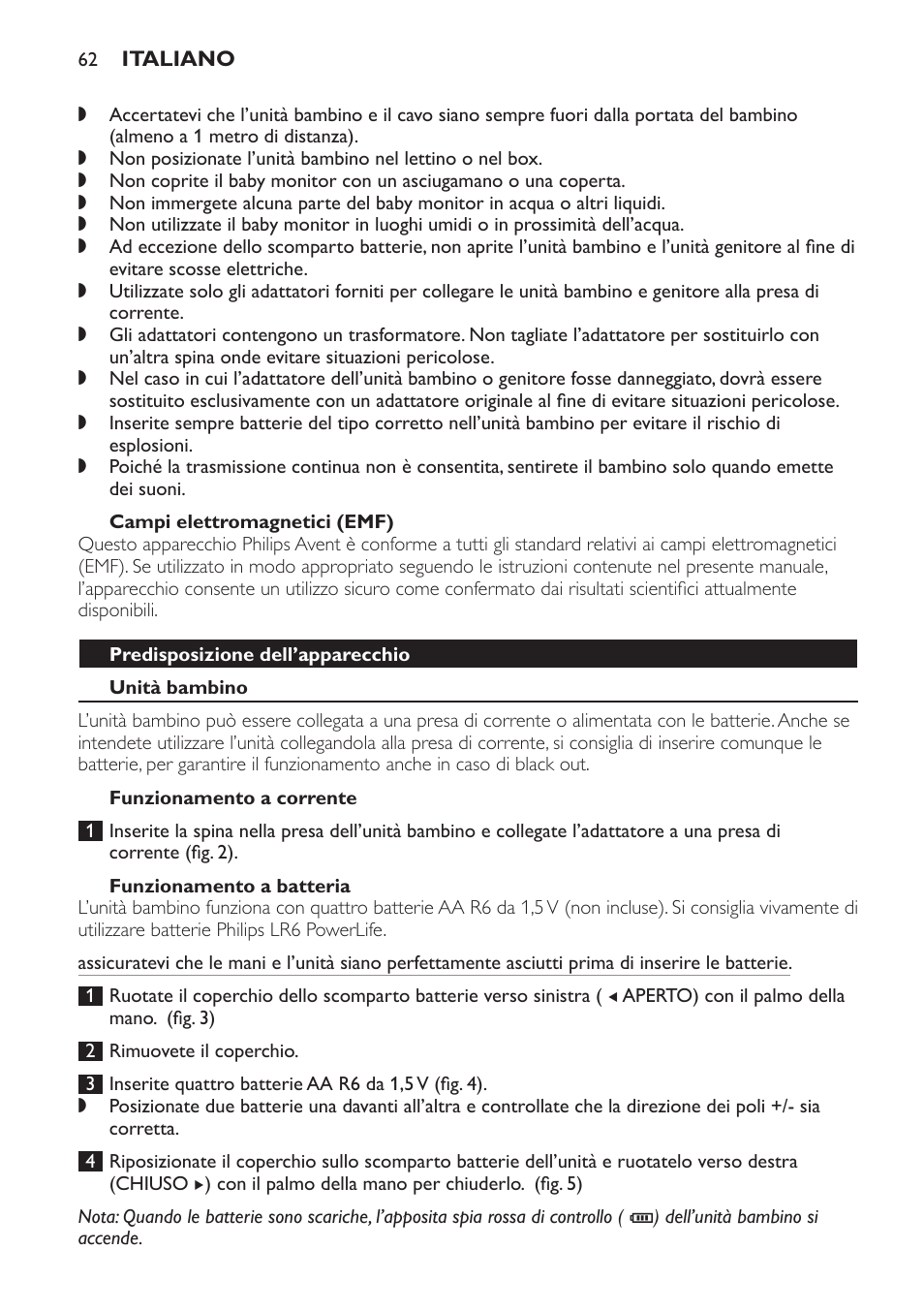 Campi elettromagnetici (emf), Predisposizione dell’apparecchio, Unità bambino | Funzionamento a corrente, Funzionamento a batteria | Philips SCD496 User Manual | Page 62 / 108