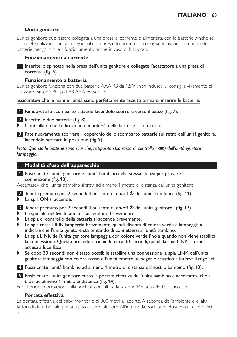Unità genitore, Funzionamento a corrente, Funzionamento a batteria | Portata effettiva, Modalità d’uso dell’apparecchio | Philips SCD496 User Manual | Page 63 / 108