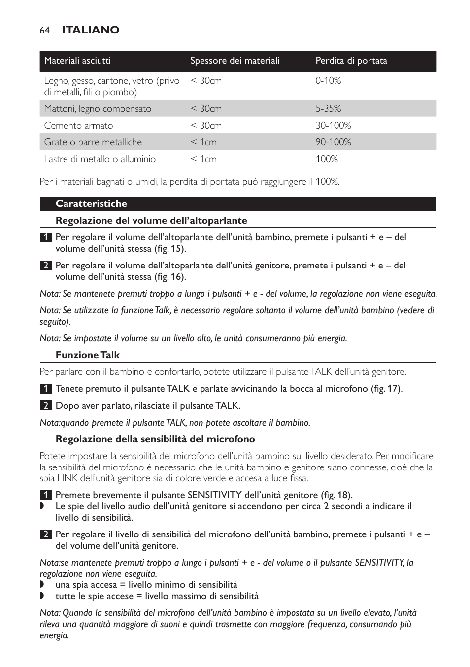 Caratteristiche, Regolazione del volume dell’altoparlante, Funzione talk | Regolazione della sensibilità del microfono | Philips SCD496 User Manual | Page 64 / 108