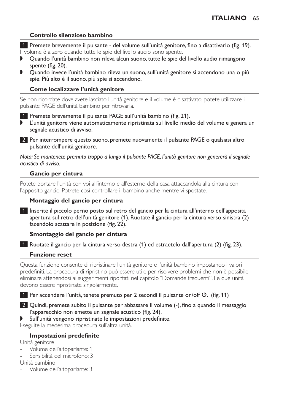 Controllo silenzioso bambino, Come localizzare l’unità genitore, Gancio per cintura | Montaggio del gancio per cintura, Smontaggio del gancio per cintura, Funzione reset, Impostazioni predefinite | Philips SCD496 User Manual | Page 65 / 108