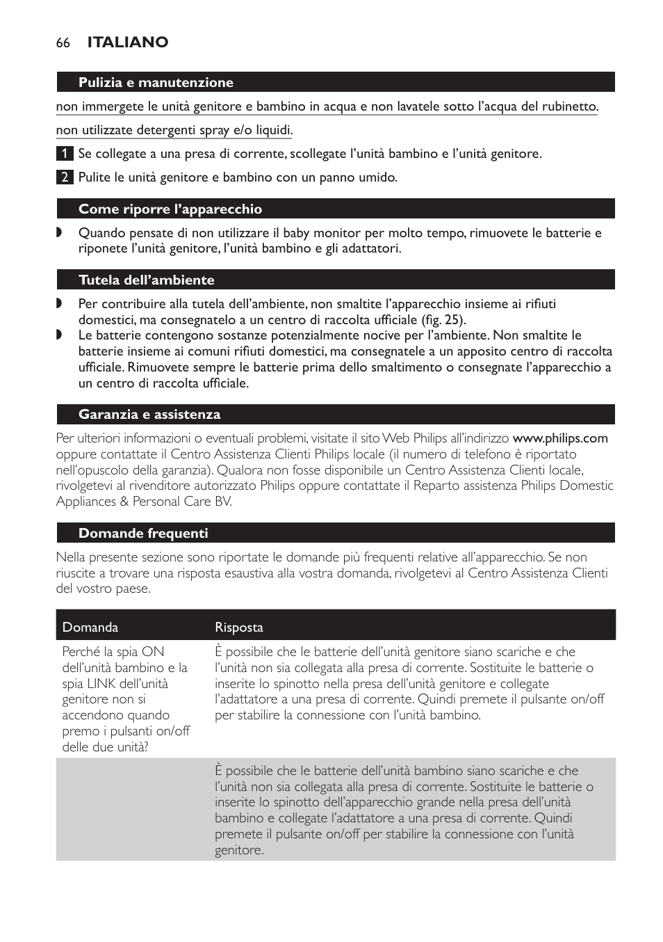 Pulizia e manutenzione, Come riporre l’apparecchio, Tutela dell’ambiente | Garanzia e assistenza, Domande frequenti | Philips SCD496 User Manual | Page 66 / 108