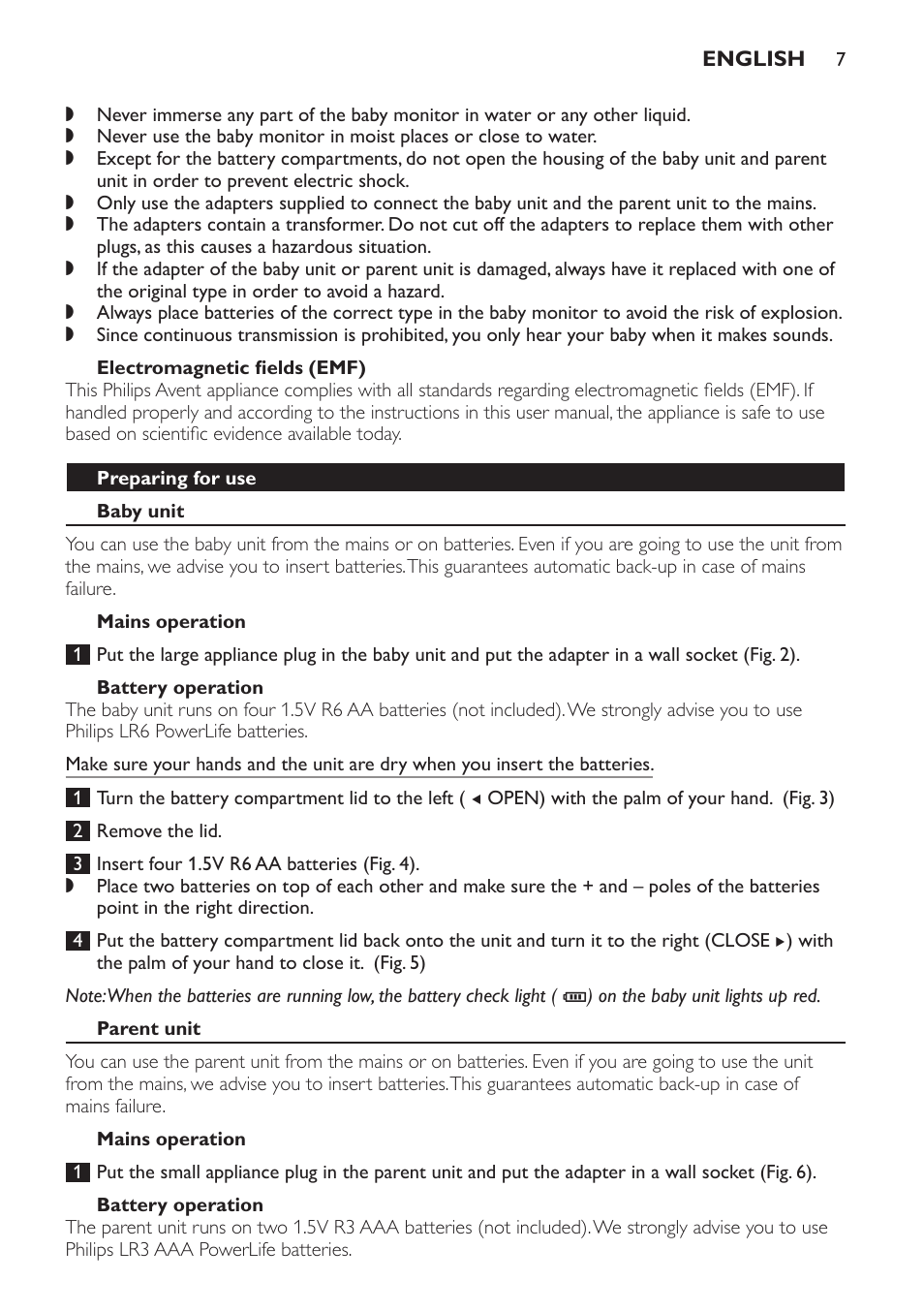 Electromagnetic fields (emf), Preparing for use, Baby unit | Mains operation, Battery operation, Parent unit | Philips SCD496 User Manual | Page 7 / 108