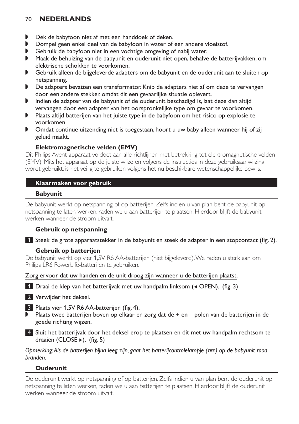 Elektromagnetische velden (emv), Klaarmaken voor gebruik, Babyunit | Gebruik op netspanning, Gebruik op batterijen, Ouderunit | Philips SCD496 User Manual | Page 70 / 108