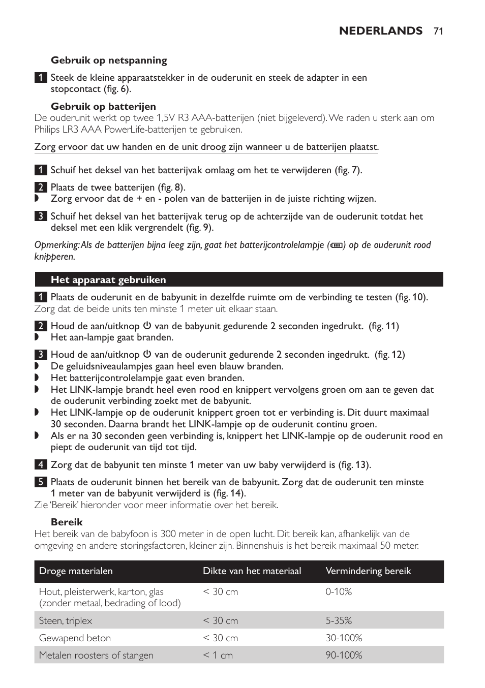 Gebruik op netspanning, Gebruik op batterijen, Bereik | Het apparaat gebruiken | Philips SCD496 User Manual | Page 71 / 108