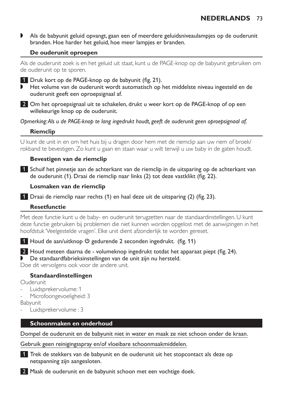 De ouderunit oproepen, Riemclip, Bevestigen van de riemclip | Losmaken van de riemclip, Resetfunctie, Standaardinstellingen, Schoonmaken en onderhoud | Philips SCD496 User Manual | Page 73 / 108