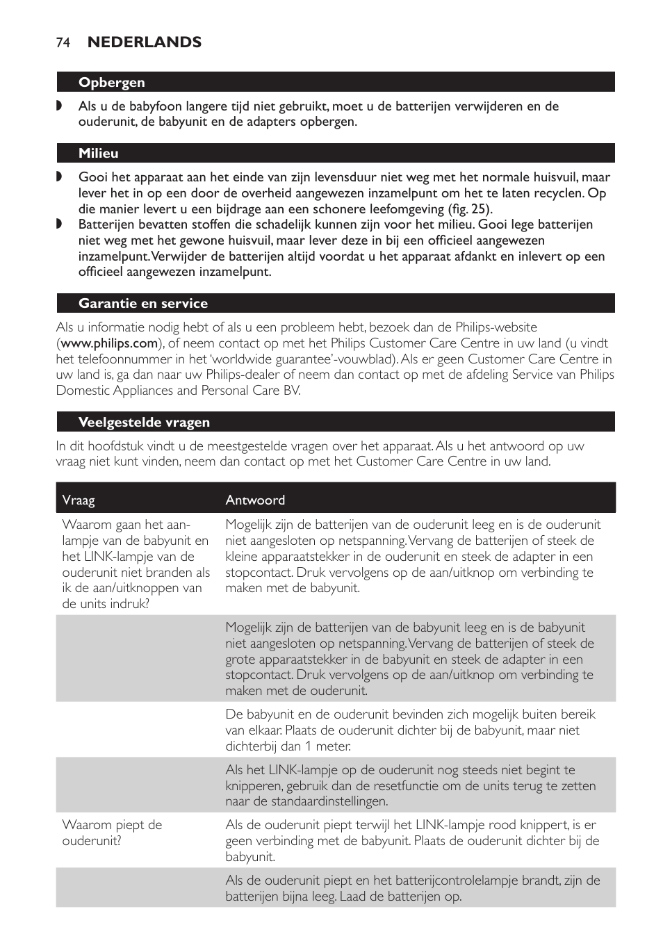 Opbergen, Milieu, Garantie en service | Veelgestelde vragen | Philips SCD496 User Manual | Page 74 / 108