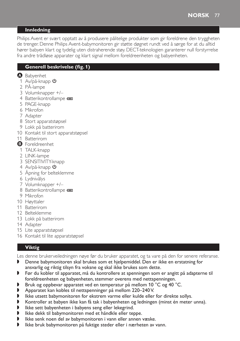 Norsk, Innledning, Generell beskrivelse (fig. 1) | Viktig | Philips SCD496 User Manual | Page 77 / 108