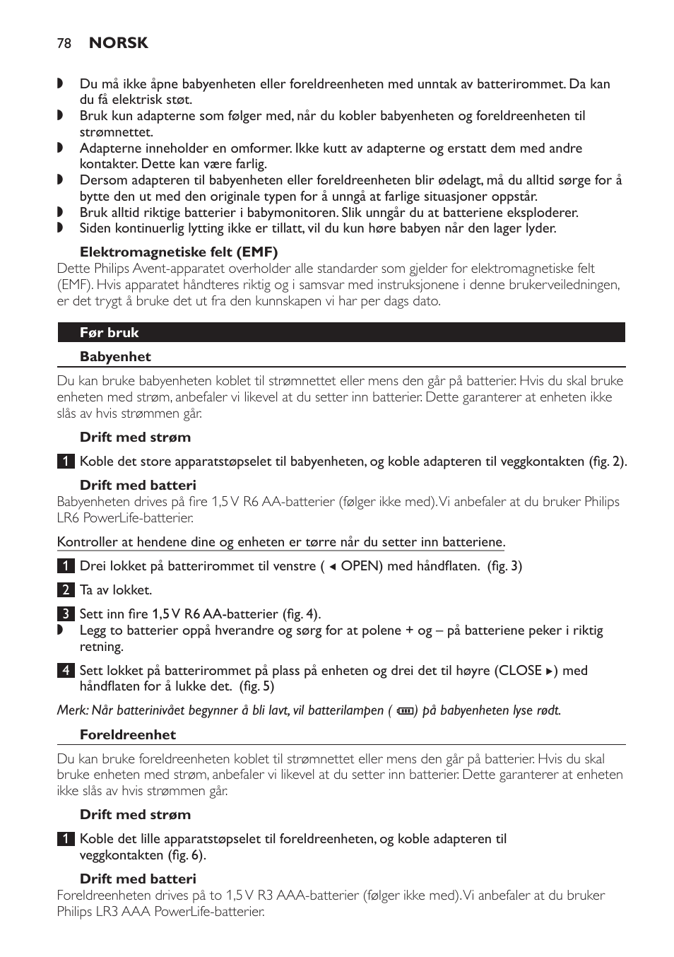 Elektromagnetiske felt (emf), Før bruk, Babyenhet | Drift med strøm, Drift med batteri, Foreldreenhet | Philips SCD496 User Manual | Page 78 / 108