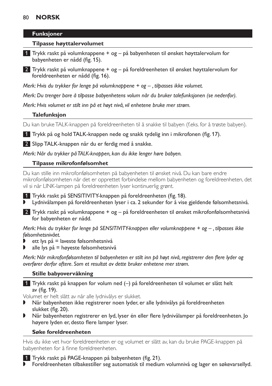 Funksjoner, Tilpasse høyttalervolumet, Talefunksjon | Tilpasse mikrofonfølsomhet, Stille babyovervåkning, Søke foreldreenheten | Philips SCD496 User Manual | Page 80 / 108