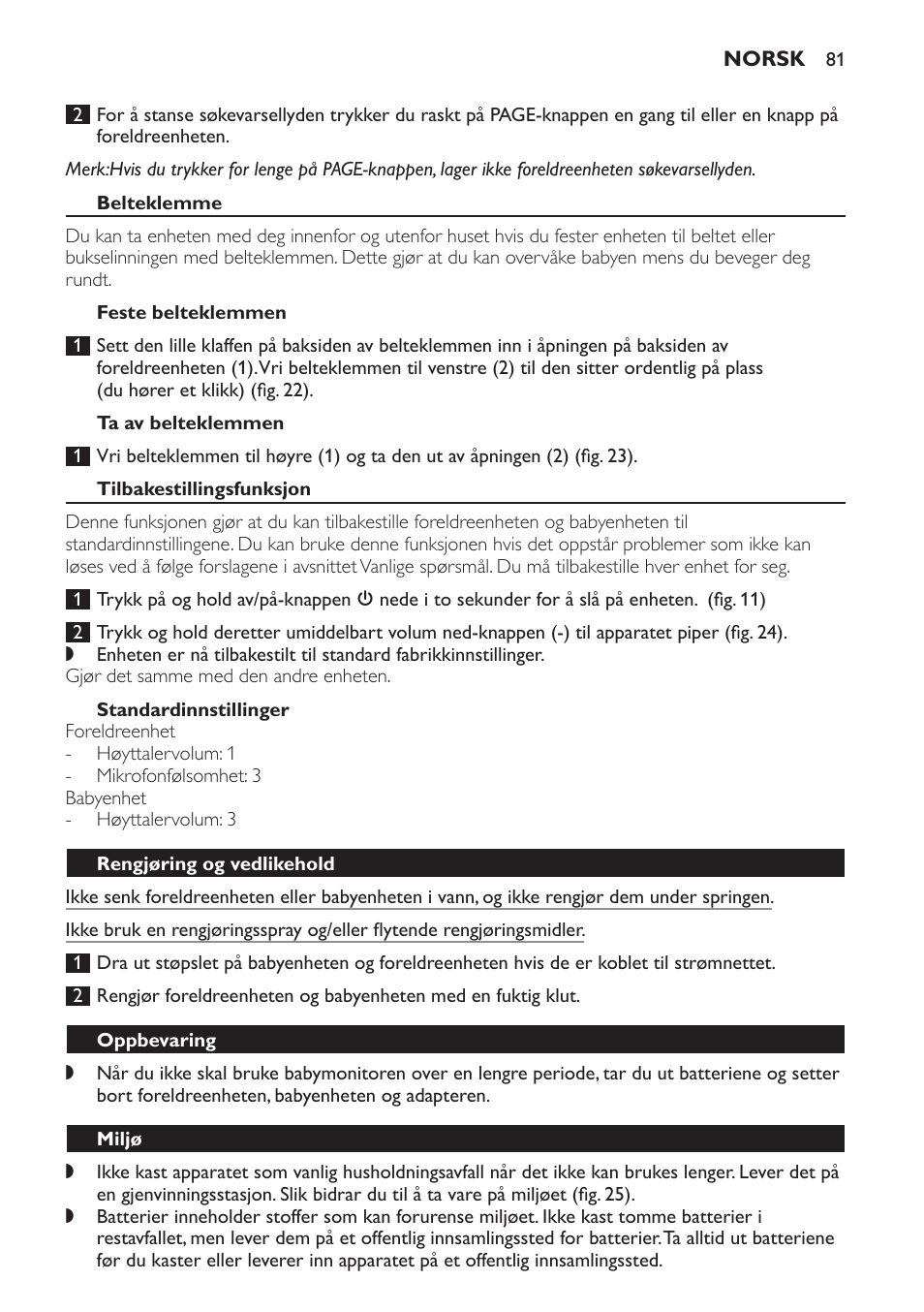 Belteklemme, Feste belteklemmen, Ta av belteklemmen | Tilbakestillingsfunksjon, Standardinnstillinger, Rengjøring og vedlikehold, Oppbevaring, Miljø | Philips SCD496 User Manual | Page 81 / 108