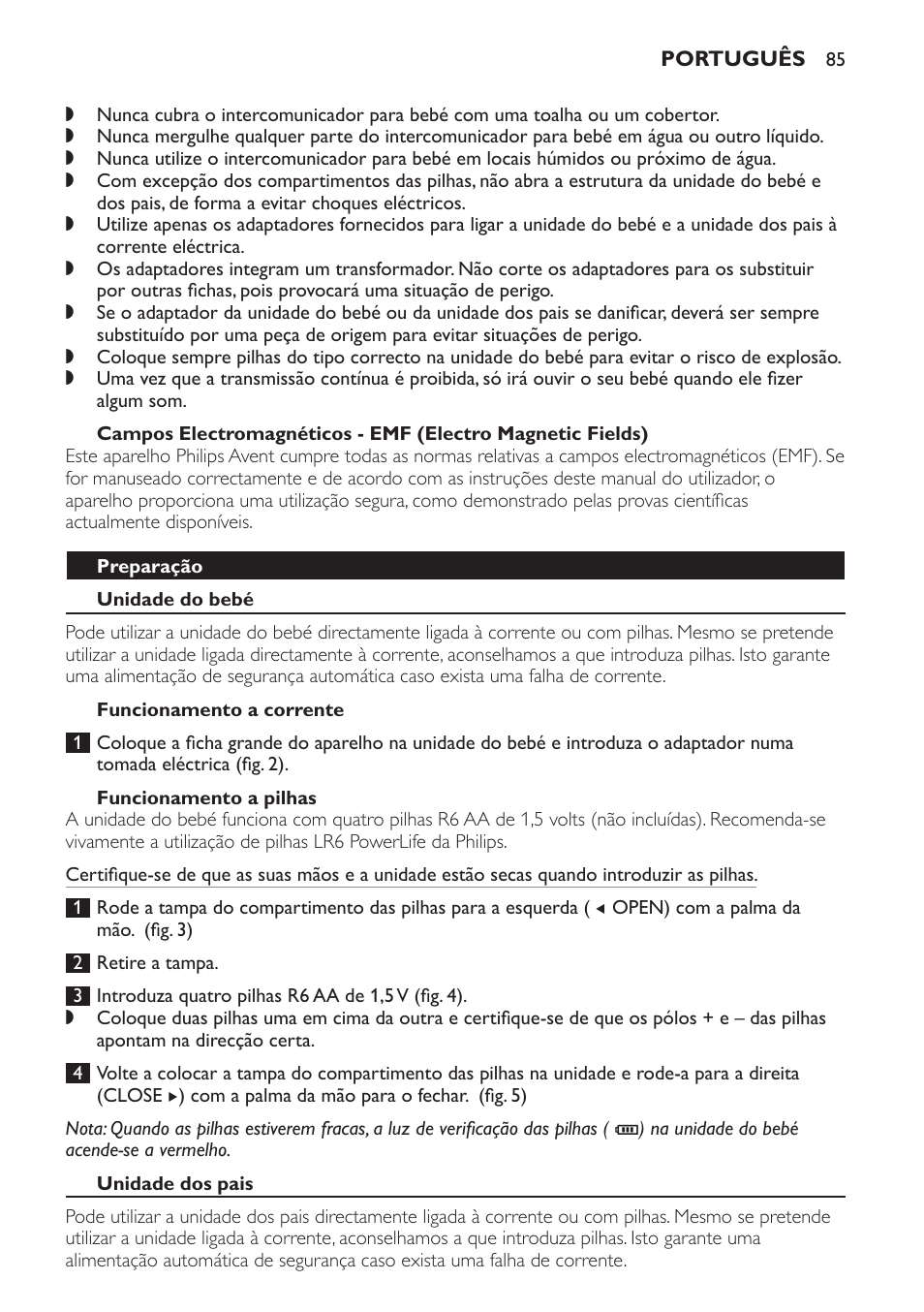 Preparação, Unidade do bebé, Funcionamento a corrente | Funcionamento a pilhas, Unidade dos pais | Philips SCD496 User Manual | Page 85 / 108