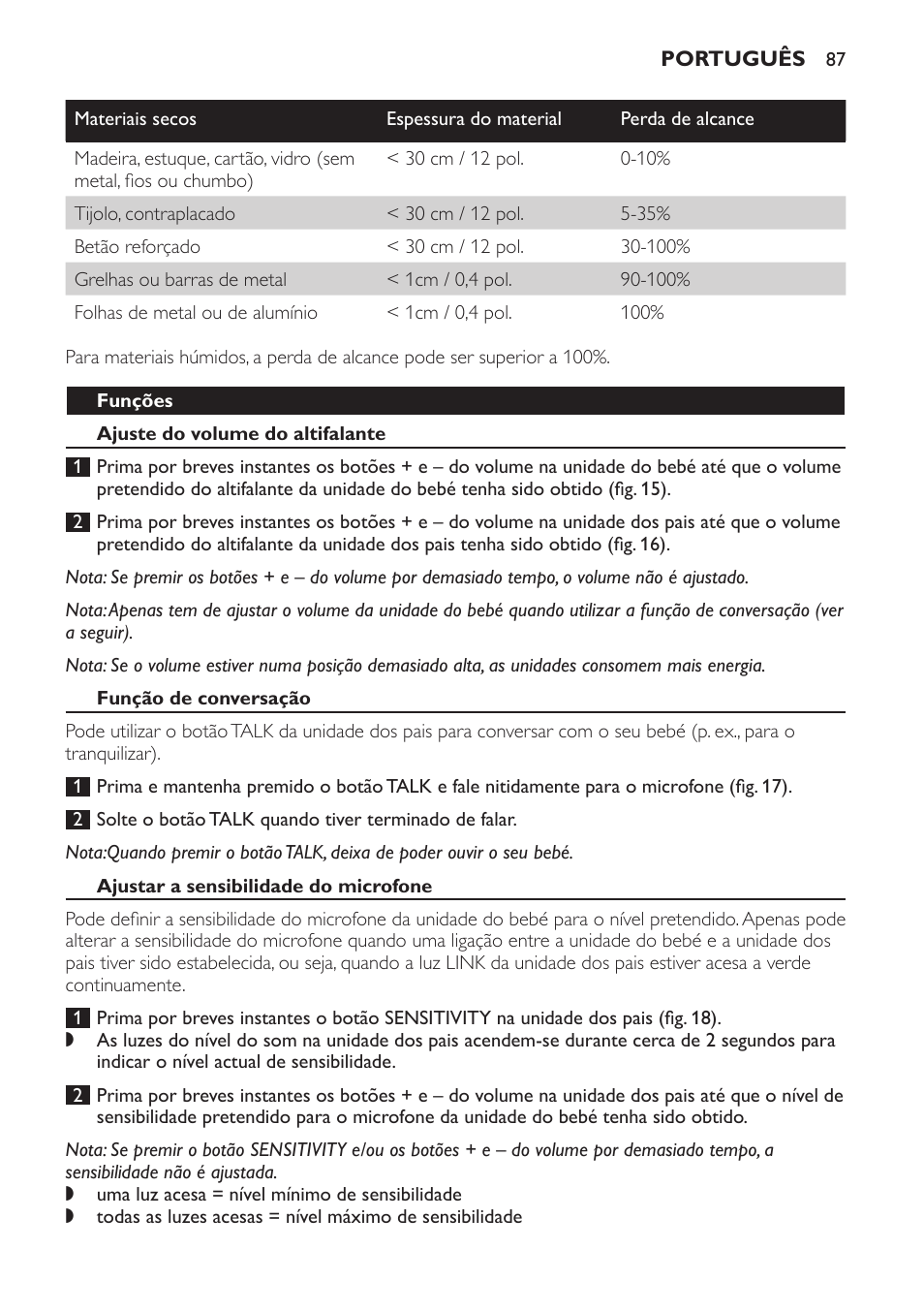 Funções, Ajuste do volume do altifalante, Função de conversação | Ajustar a sensibilidade do microfone | Philips SCD496 User Manual | Page 87 / 108