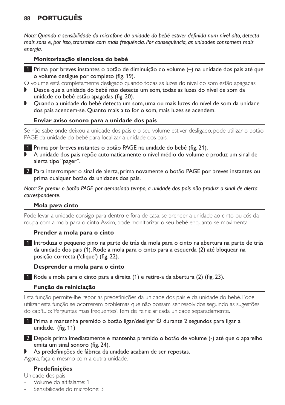 Monitorização silenciosa do bebé, Enviar aviso sonoro para a unidade dos pais, Mola para cinto | Prender a mola para o cinto, Desprender a mola para o cinto, Função de reiniciação, Predefinições | Philips SCD496 User Manual | Page 88 / 108