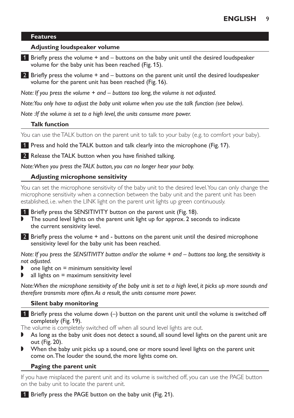Features, Adjusting loudspeaker volume, Talk function | Adjusting microphone sensitivity, Silent baby monitoring, Paging the parent unit | Philips SCD496 User Manual | Page 9 / 108