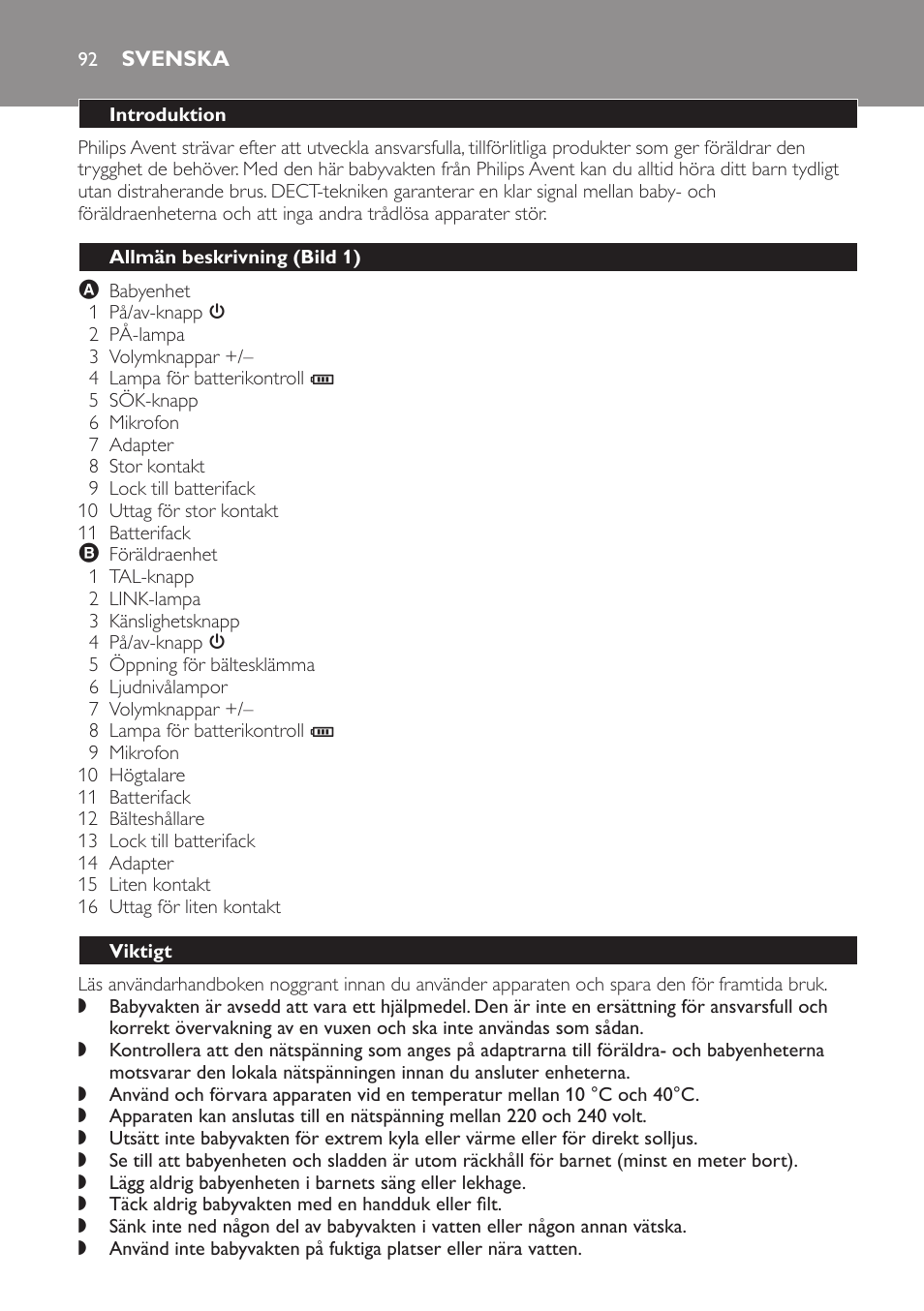 Svenska, Introduktion, Allmän beskrivning (bild 1) | Viktigt | Philips SCD496 User Manual | Page 92 / 108