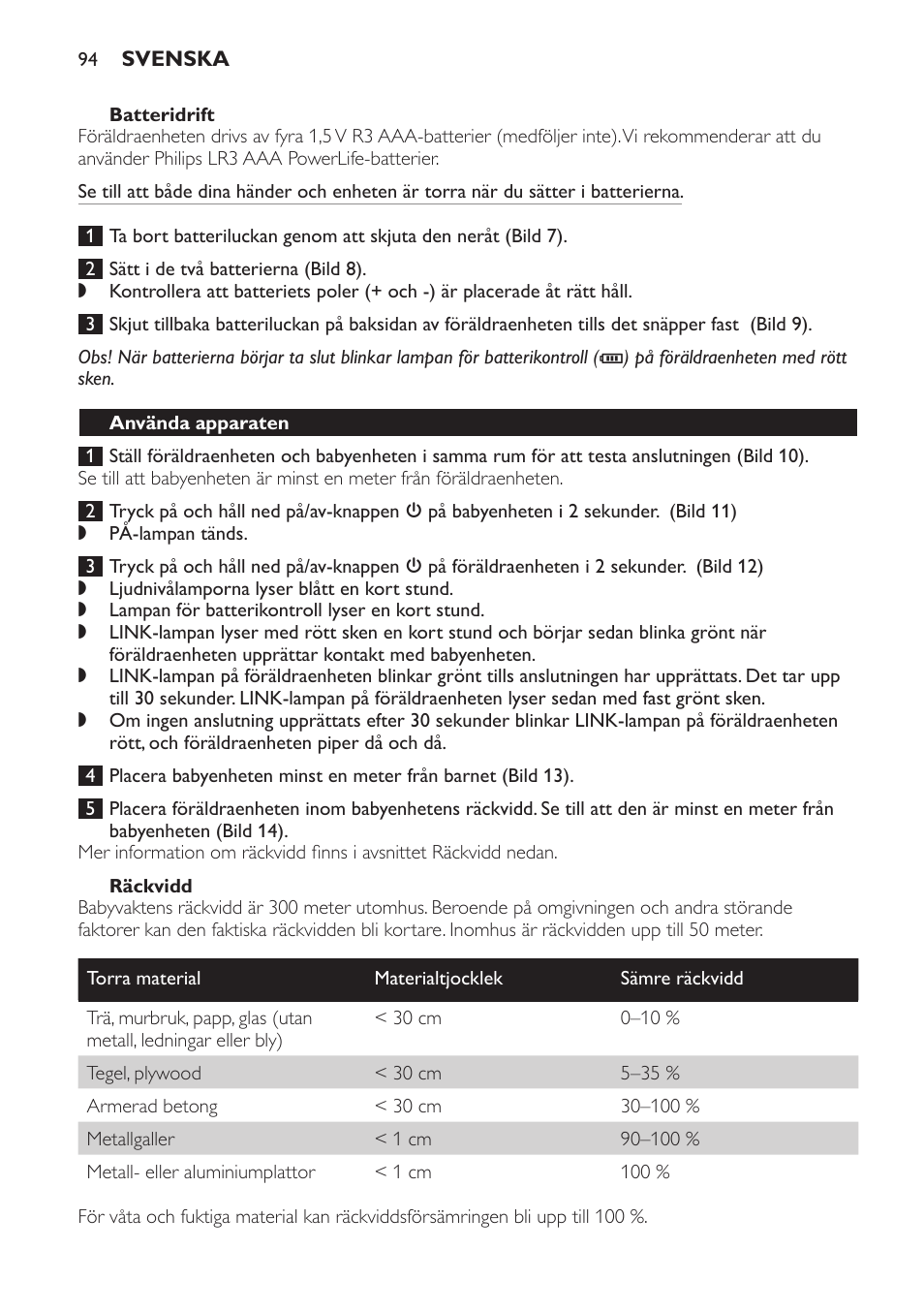 Batteridrift, Räckvidd, Använda apparaten | Philips SCD496 User Manual | Page 94 / 108