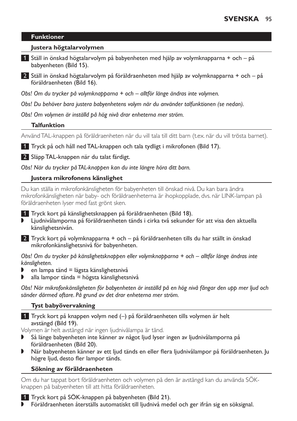 Funktioner, Justera högtalarvolymen, Talfunktion | Justera mikrofonens känslighet, Tyst babyövervakning, Sökning av föräldraenheten | Philips SCD496 User Manual | Page 95 / 108