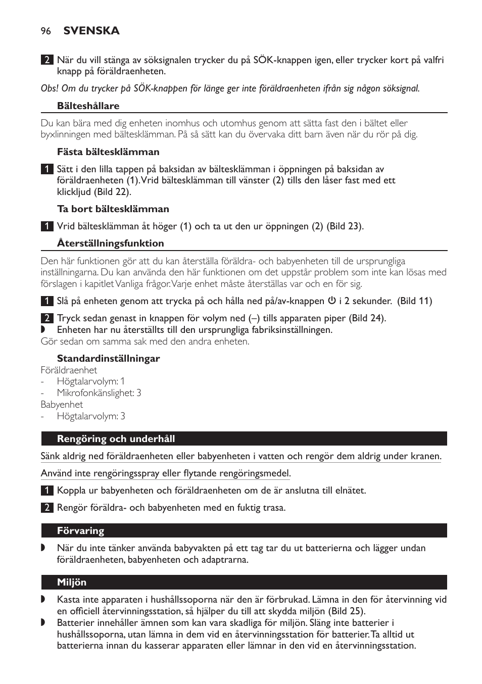 Bälteshållare, Fästa bältesklämman, Ta bort bältesklämman | Återställningsfunktion, Standardinställningar, Rengöring och underhåll, Förvaring, Miljön | Philips SCD496 User Manual | Page 96 / 108