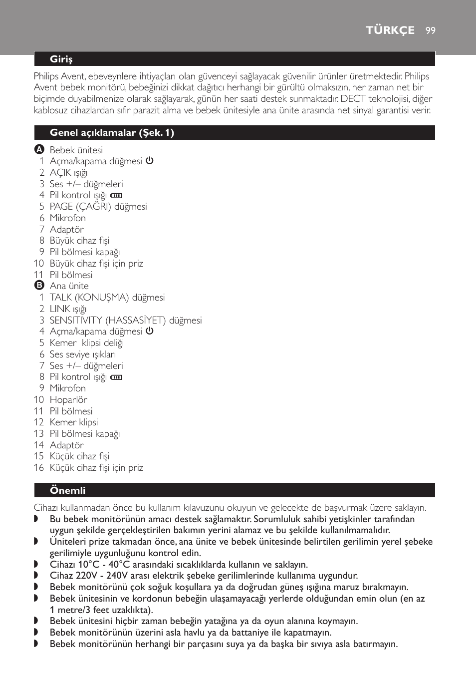 Türkçe, Giriş, Genel açıklamalar (şek. 1) | Önemli | Philips SCD496 User Manual | Page 99 / 108