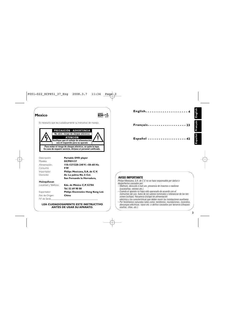 Mexico | Philips DCP951 User Manual | Page 3 / 23