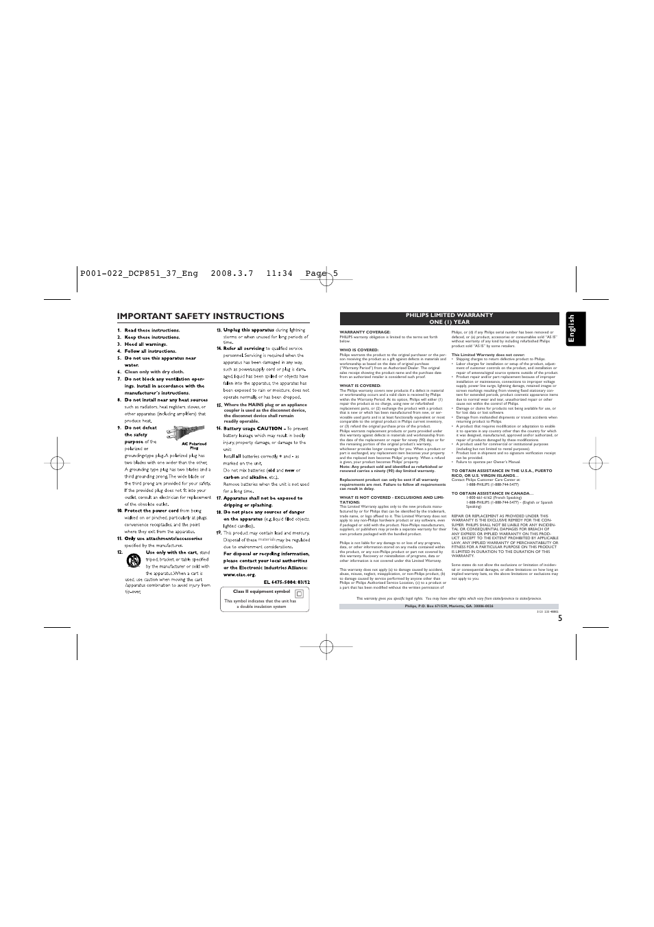 Important safety instructions, English | Philips DCP951 User Manual | Page 5 / 23