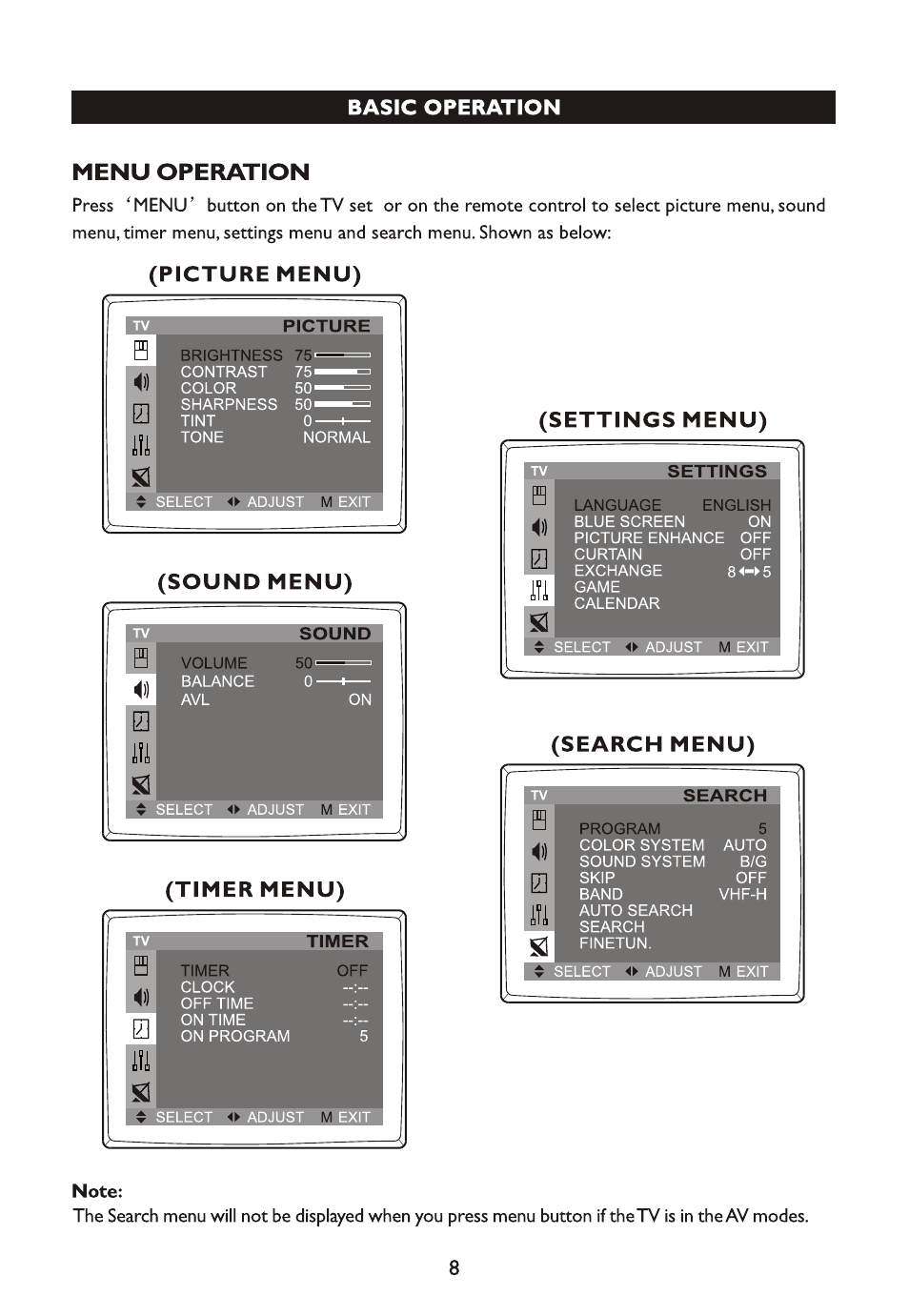 Basic operation, Menu operation, Picture menu) (sound menu) (timer menu) | Settings menu), Search menu) | Philips 14PT4525/V7 User Manual | Page 10 / 20