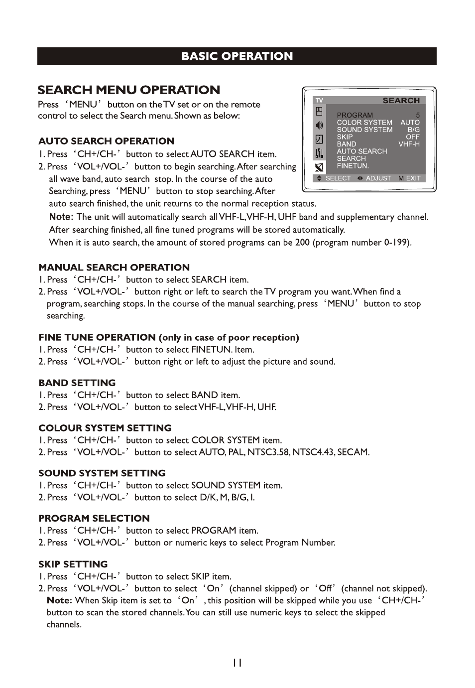 Basic operation, Search menu operation | Philips 14PT4525/V7 User Manual | Page 13 / 20