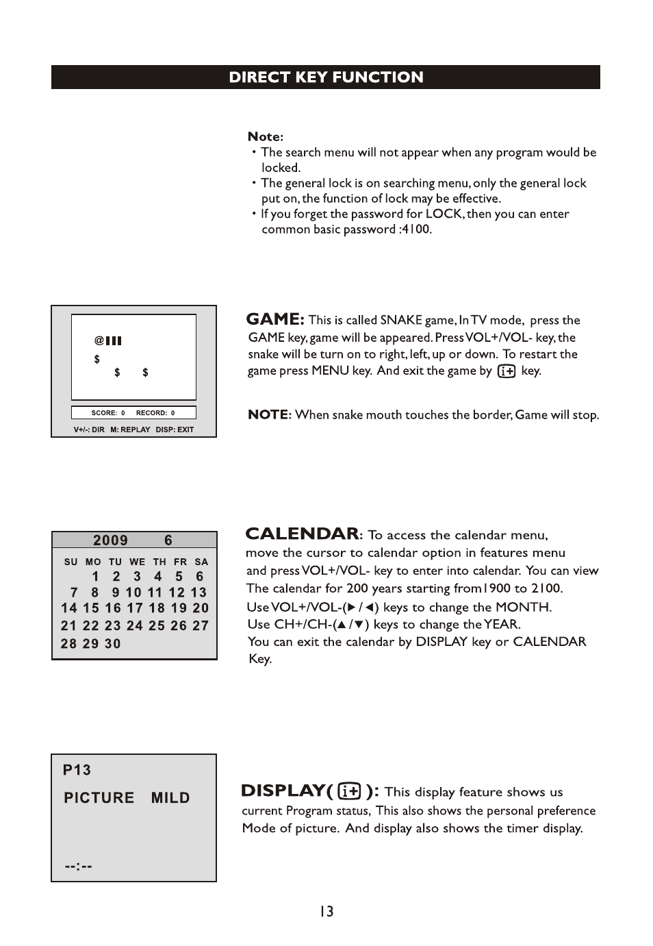 Direct key function, Game, Calendar | Display(g3) | Philips 14PT4525/V7 User Manual | Page 15 / 20